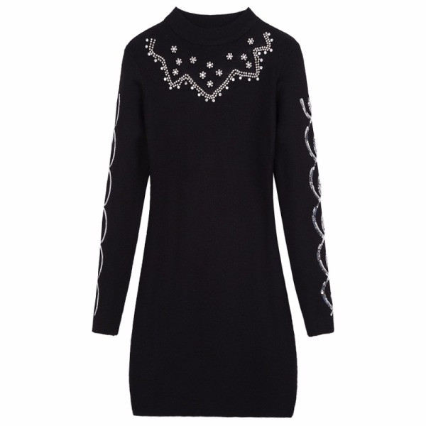 Rövid, testhezálló ruha vékony kötésből, flitterekkel és kövekkel fekete és piros színben