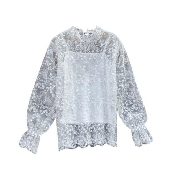 Új modell női csipkeblúz alacsony gallérral és lótusz ujjú fehér, fekete és bézs színben