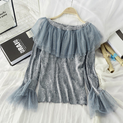 Bluză de damă modernă cu efect strălucitor și mânecă lotus în gri, alb, verde, roz, alb și negru