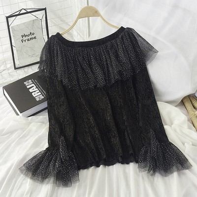 Bluză de damă modernă cu efect strălucitor și mânecă lotus în gri, alb, verde, roz, alb și negru