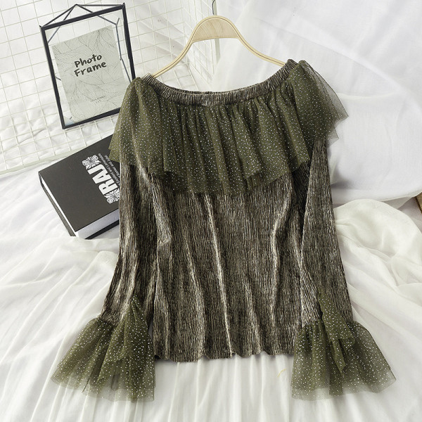 Bluză de damă modernă cu efect strălucitor și mânecă lotus în gri, alb, verde, roz, alb și negru