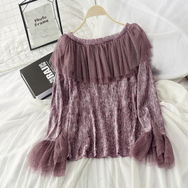 Bluză de damă modernă cu efect strălucitor și mânecă lotus în gri, alb, verde, roz, alb și negru