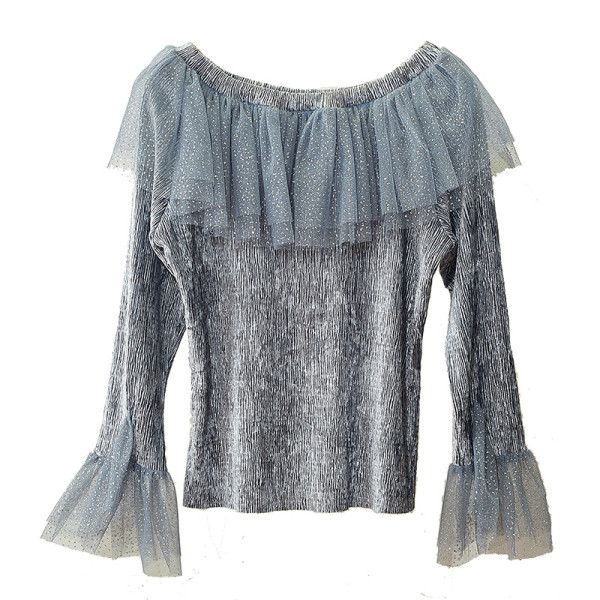 Bluză de damă modernă cu efect strălucitor și mânecă lotus în gri, alb, verde, roz, alb și negru