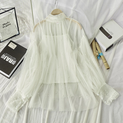 Bluză de damă modernă sigiliu cu perle decorative în negru, bej, alb și roz