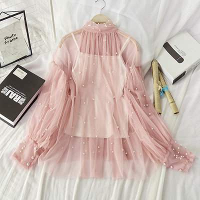 Bluză de damă modernă sigiliu cu perle decorative în negru, bej, alb și roz