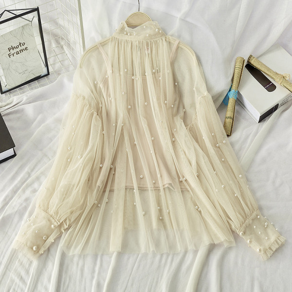 Bluză de damă modernă sigiliu cu perle decorative în negru, bej, alb și roz