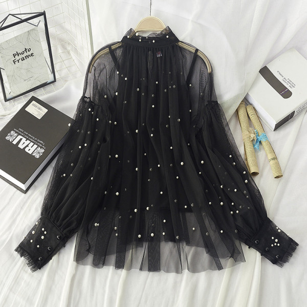 Bluză de damă modernă sigiliu cu perle decorative în negru, bej, alb și roz