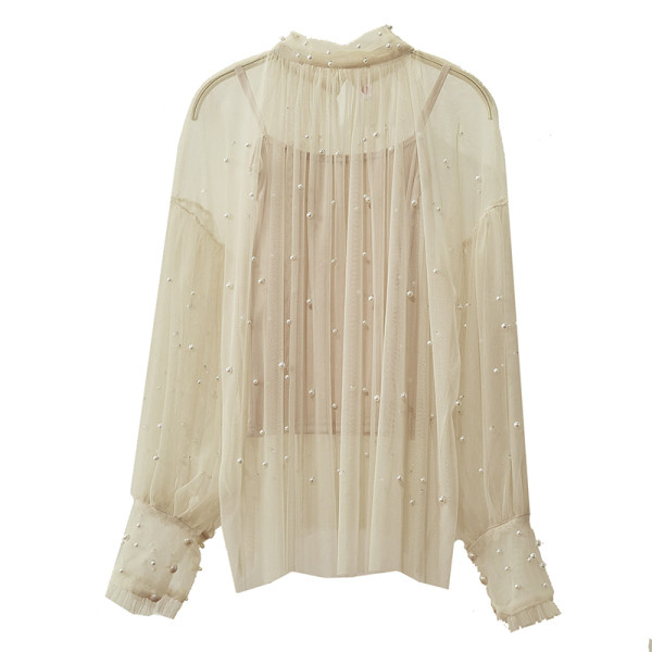 Bluză de damă modernă sigiliu cu perle decorative în negru, bej, alb și roz