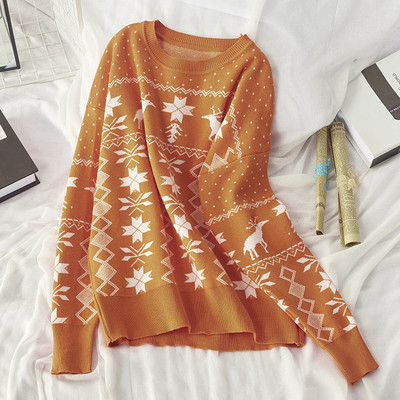 Női őszi-téli pulóver kerek nyakkivágással, narancssárga, barna, zöld és kék karácsonyi motívumokkal