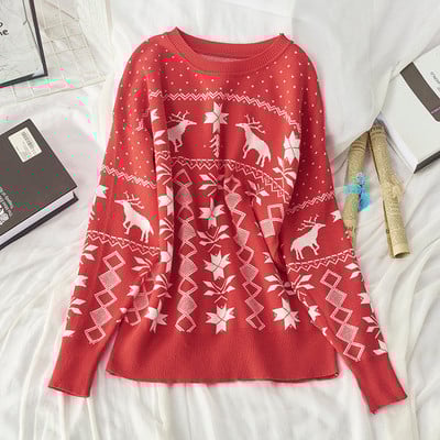 Női őszi-téli pulóver kerek nyakkivágással, narancssárga, barna, zöld és kék karácsonyi motívumokkal