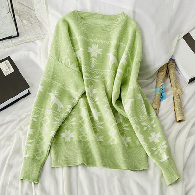 Női őszi-téli pulóver kerek nyakkivágással, narancssárga, barna, zöld és kék karácsonyi motívumokkal