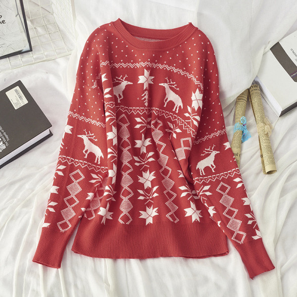 Női őszi-téli pulóver kerek nyakkivágással, narancssárga, barna, zöld és kék karácsonyi motívumokkal