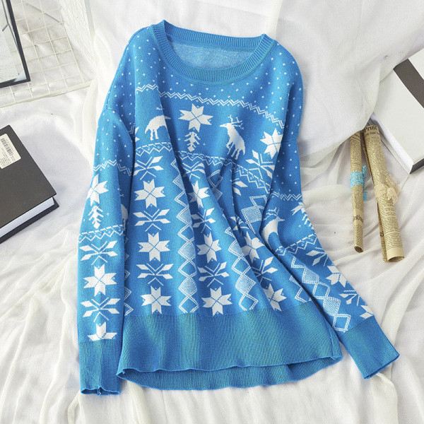 Női őszi-téli pulóver kerek nyakkivágással, narancssárga, barna, zöld és kék karácsonyi motívumokkal