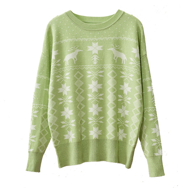 Női őszi-téli pulóver kerek nyakkivágással, narancssárga, barna, zöld és kék karácsonyi motívumokkal