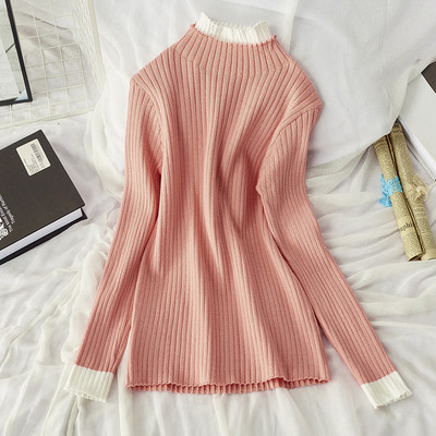 Őszi-téli női blúz kerek nyakkivágással fekete, bézs és rózsaszín színekben