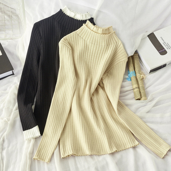 Őszi-téli női blúz kerek nyakkivágással fekete, bézs és rózsaszín színekben