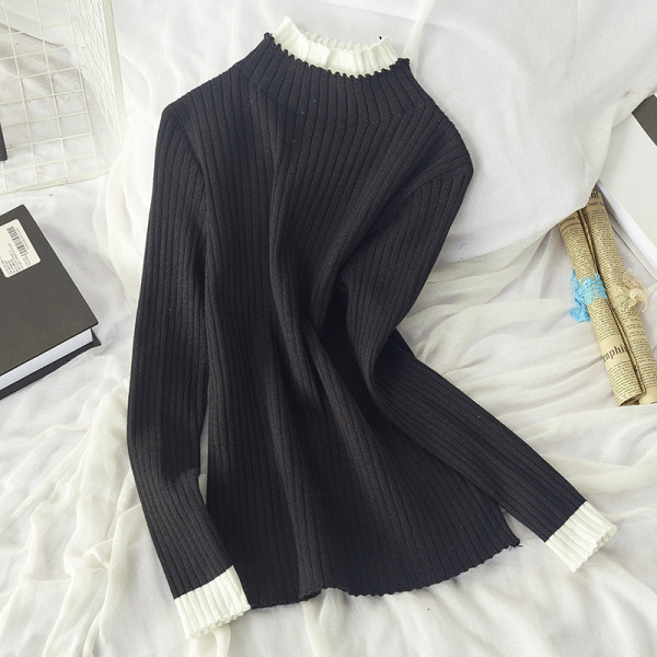 Őszi-téli női blúz kerek nyakkivágással fekete, bézs és rózsaszín színekben