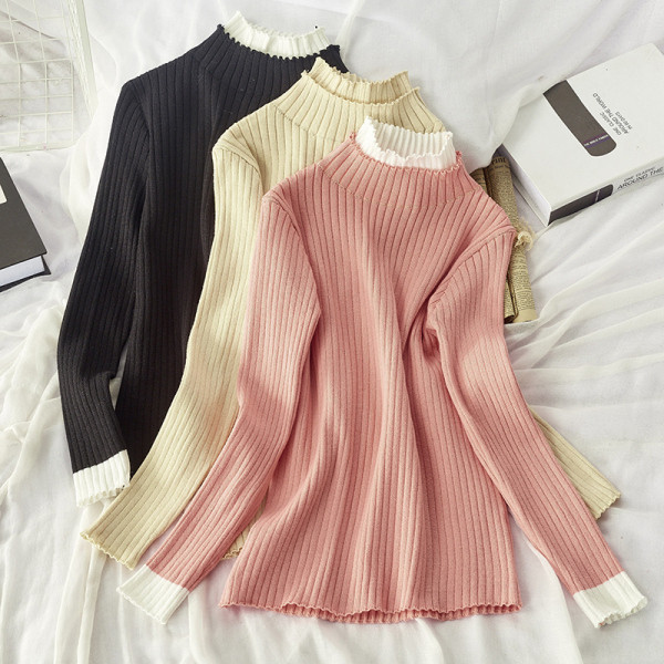 Őszi-téli női blúz kerek nyakkivágással fekete, bézs és rózsaszín színekben