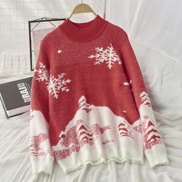 Női téli pulóver, piros és kék karácsonyi motívumokkal