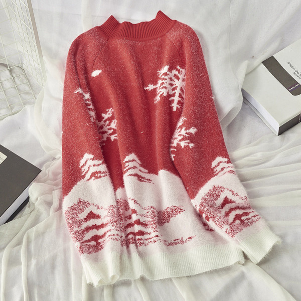 Női téli pulóver, piros és kék karácsonyi motívumokkal