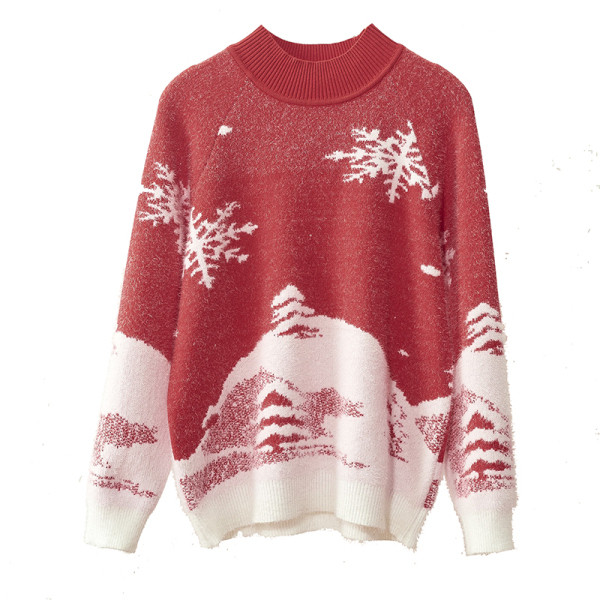 Női téli pulóver, piros és kék karácsonyi motívumokkal