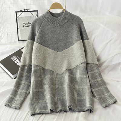 Női téli kockás pulóver kerek nyakkivágással, szürke, fekete és piros színben