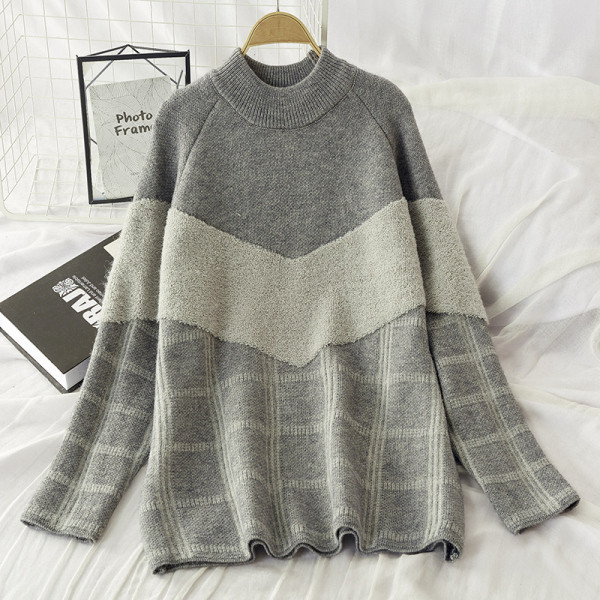 Női téli kockás pulóver kerek nyakkivágással, szürke, fekete és piros színben