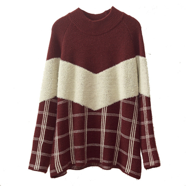 Női téli kockás pulóver kerek nyakkivágással, szürke, fekete és piros színben