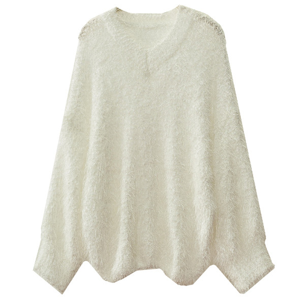 Női őszi-téli pulóver spitz nyakkivágással, fehér színben