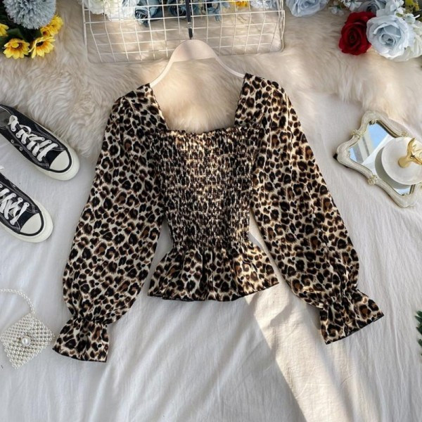 Új modell széles ujjú, leopárdmintás női blúz