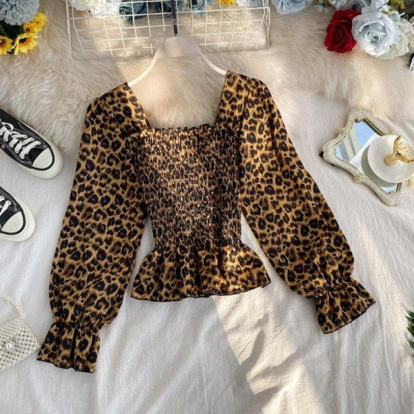 Új modell széles ujjú, leopárdmintás női blúz