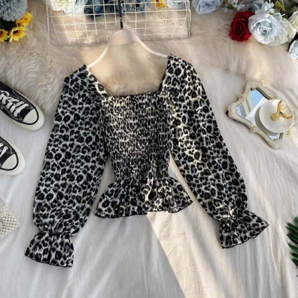 Új modell széles ujjú, leopárdmintás női blúz