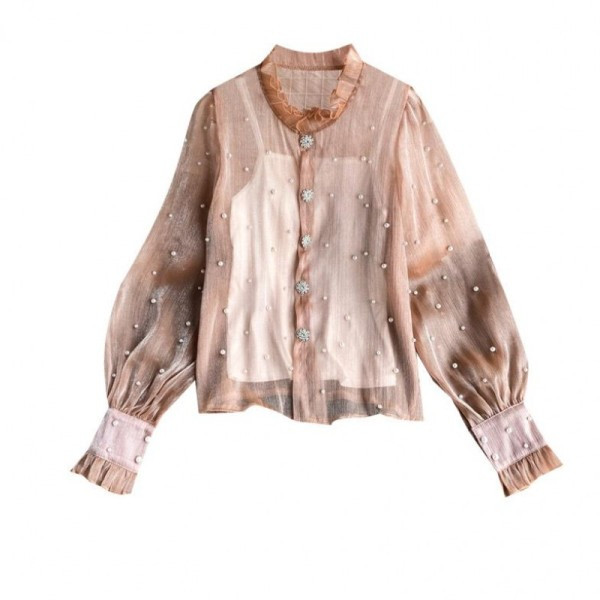 Modern női ing alacsony gallérral, gombokkal és rózsaszín és fekete gyöngyökkel