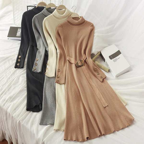 Női hajtogatott ruha pólógallérral és derékövvel, fekete, fehér, barna és szürke színben