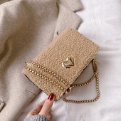 Modern női plüsstáska lánccal és fém csattal fekete, bézs és fehér színben