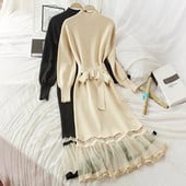 Modern női téli ruha derékövvel és tüll fekete, barna és fehér színekben