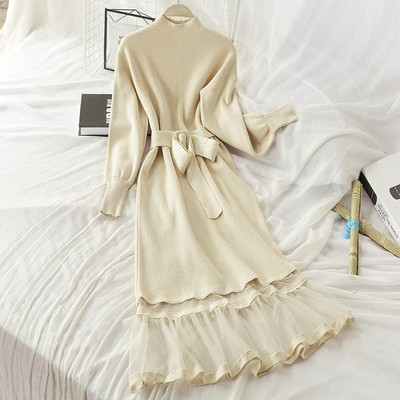 Modern női téli ruha derékövvel és tüll fekete, barna és fehér színekben