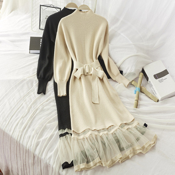 Modern női téli ruha derékövvel és tüll fekete, barna és fehér színekben