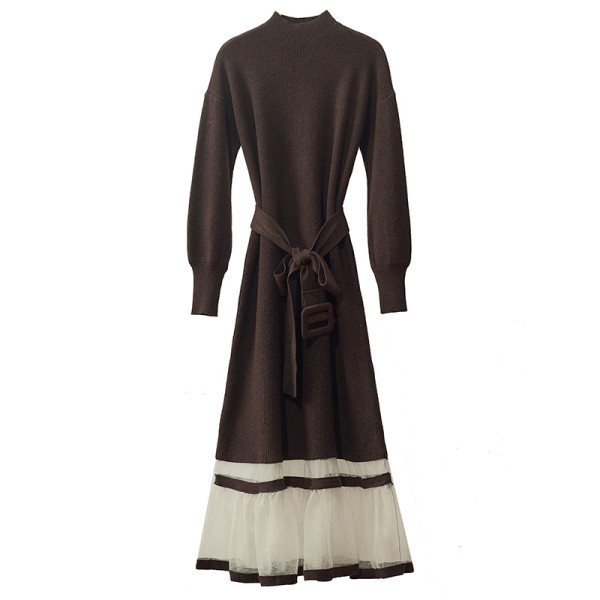 Modern női téli ruha derékövvel és tüll fekete, barna és fehér színekben