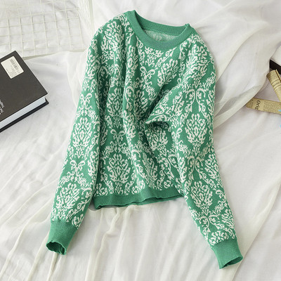 Női őszi-téli pulóver kerek nyakkivágással, zöld, sárga, piros és szürke színben