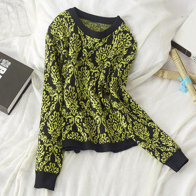 Női őszi-téli pulóver kerek nyakkivágással, zöld, sárga, piros és szürke színben