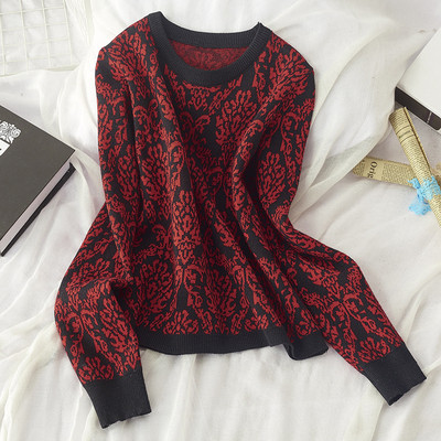 Női őszi-téli pulóver kerek nyakkivágással, zöld, sárga, piros és szürke színben