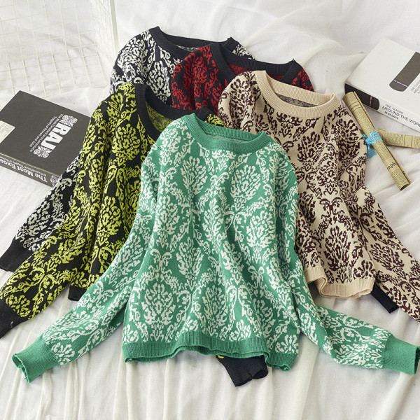 Női őszi-téli pulóver kerek nyakkivágással, zöld, sárga, piros és szürke színben