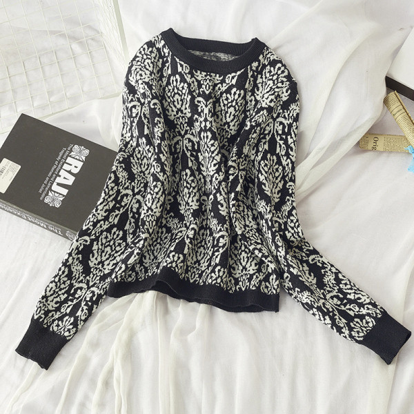 Női őszi-téli pulóver kerek nyakkivágással, zöld, sárga, piros és szürke színben