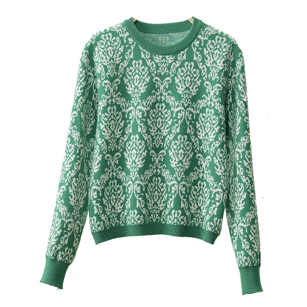 Női őszi-téli pulóver kerek nyakkivágással, zöld, sárga, piros és szürke színben