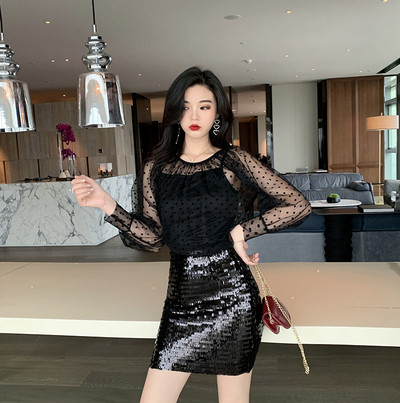 Bluză modernă din șifon transparentă în bej și negru