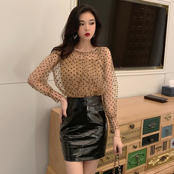 Bluză modernă din șifon transparentă în bej și negru