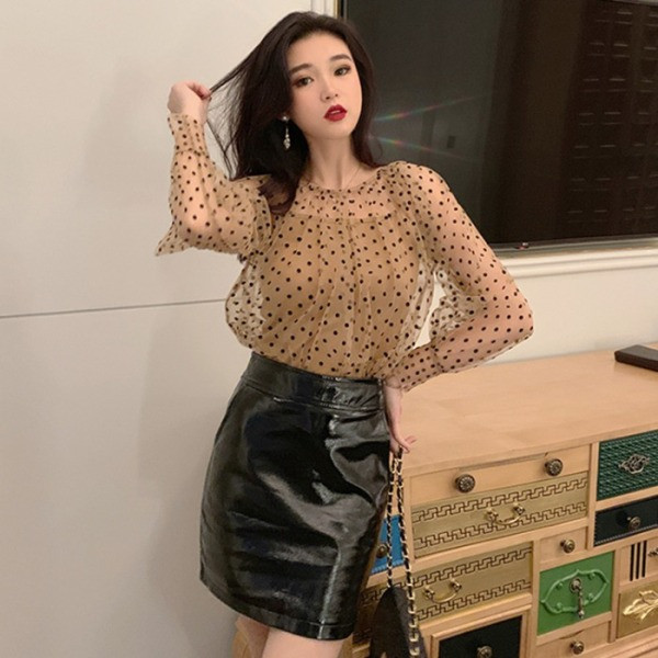 Bluză modernă din șifon transparentă în bej și negru