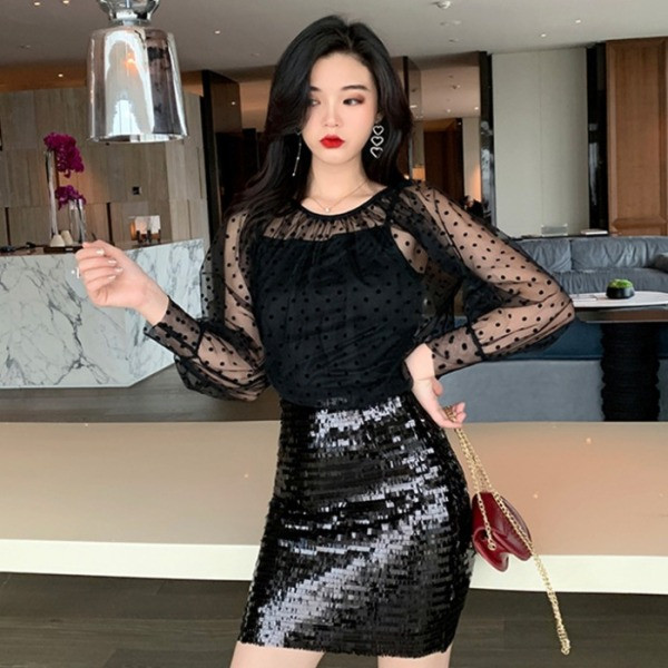 Bluză modernă din șifon transparentă în bej și negru