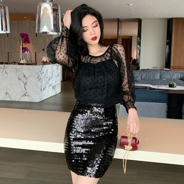 Bluză modernă din șifon transparentă în bej și negru